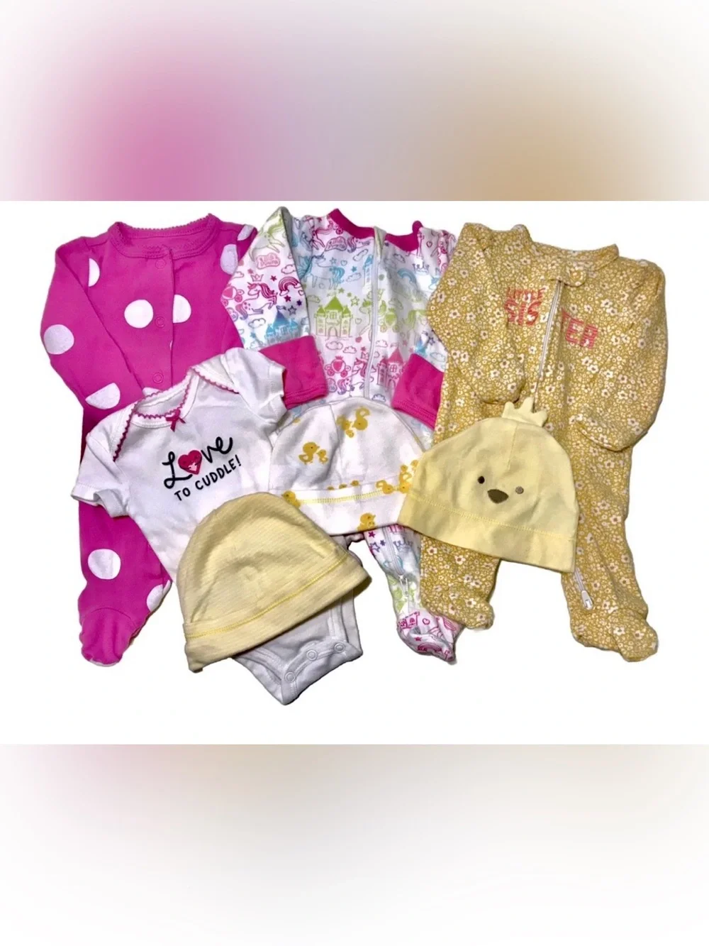 Carter's Baby Girls Newborn 3 Footed Sleepers 3 Beanie Caps Bodysuit 7 Piece Lot